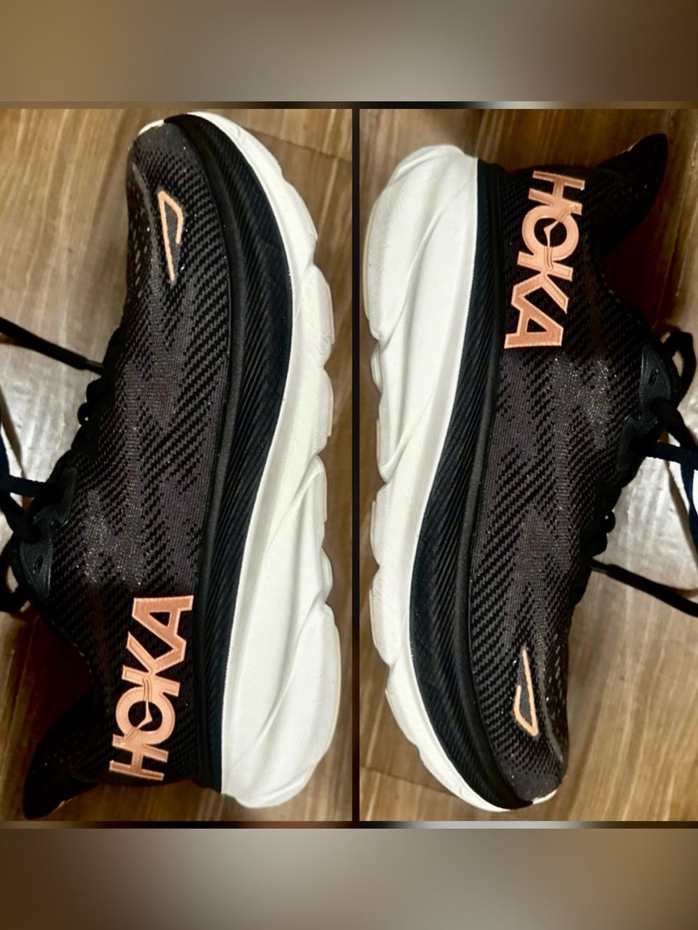 Hoka Clifton 9 Black Womens Size 7 Wide w Rose Gold  Running Shoes Wide Width
